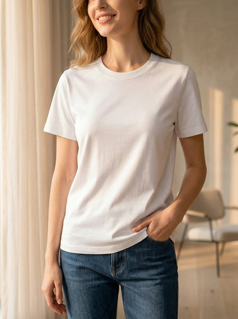Mercerized Cotton T Shirt For Women Double Fabric Short Sleeve Crew Neck Casual Basic Top