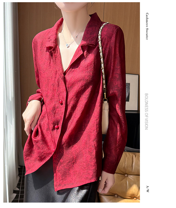 New floating human silk embossed Chinese design sense casual long-sleeved shirt women's loose and thin top