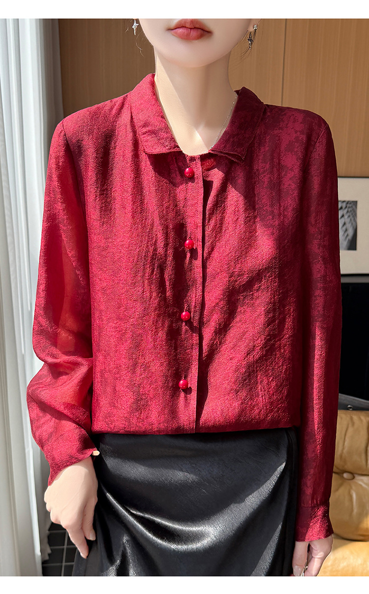 New floating human silk embossed Chinese design sense casual long-sleeved shirt women's loose and thin top