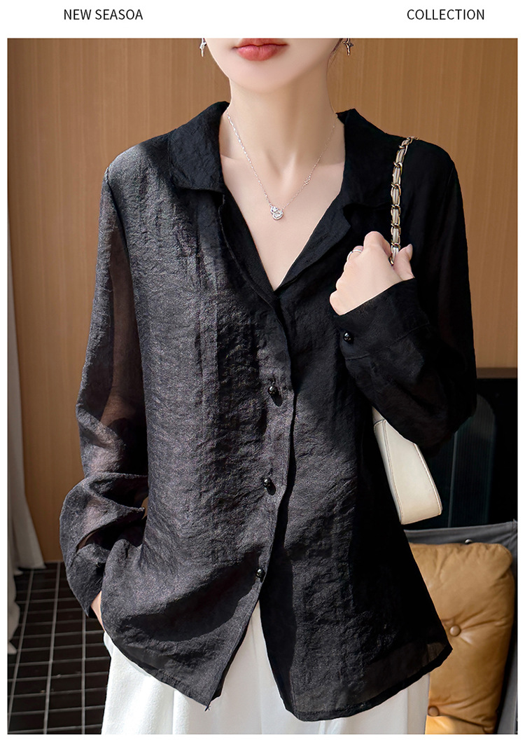 New floating human silk embossed Chinese design sense casual long-sleeved shirt women's loose and thin top