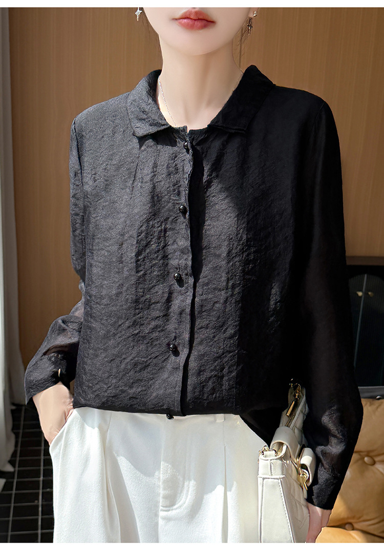 New floating human silk embossed Chinese design sense casual long-sleeved shirt women's loose and thin top