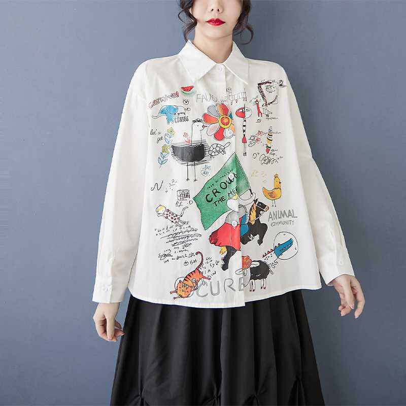 Spring and summer antique shirt long-sleeved design sense printed POLO collar loose commuting fashion fat MM women's clothing
