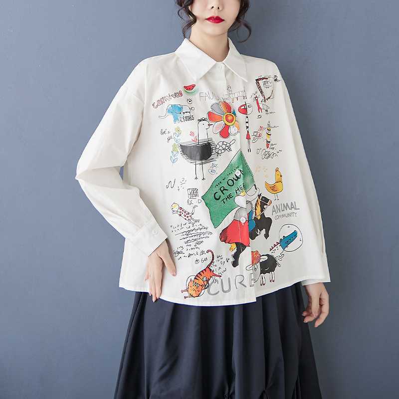 Spring and summer antique shirt long-sleeved design sense printed POLO collar loose commuting fashion fat MM women's clothing