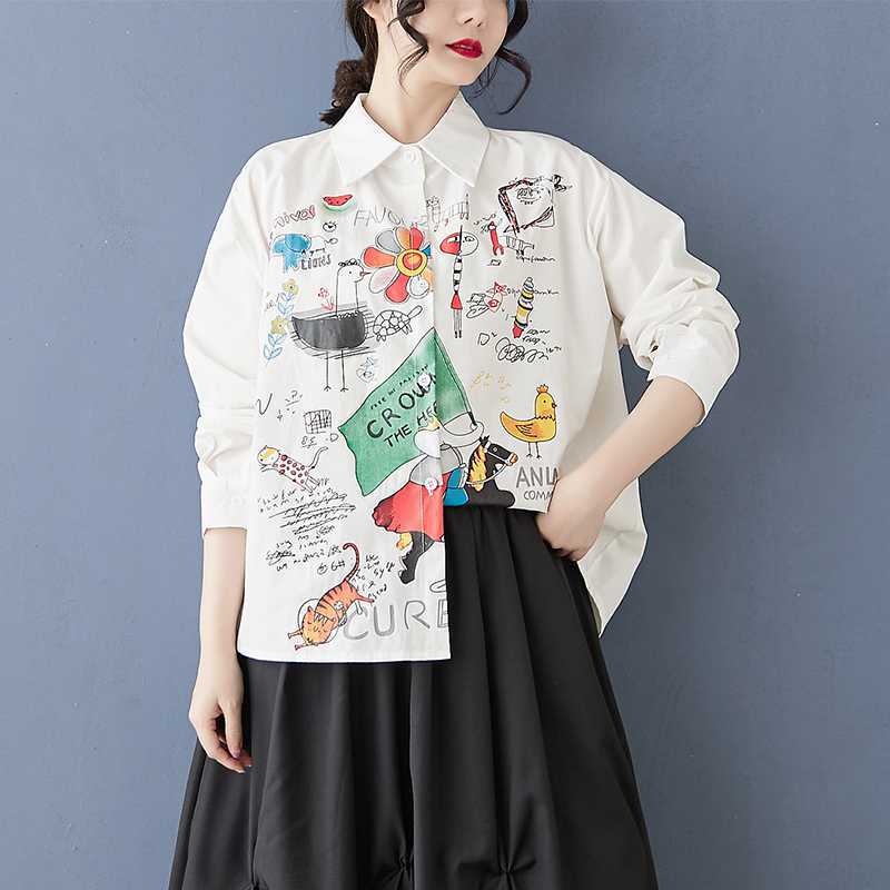 Spring and summer antique shirt long-sleeved design sense printed POLO collar loose commuting fashion fat MM women's clothing