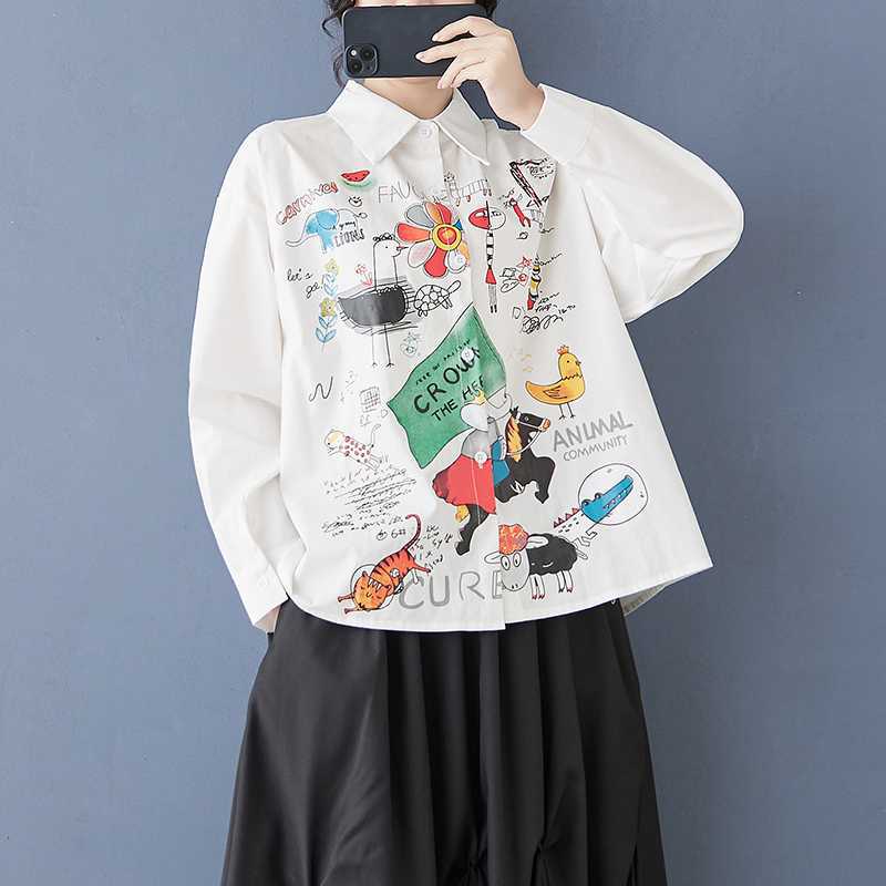 Spring and summer antique shirt long-sleeved design sense printed POLO collar loose commuting fashion fat MM women's clothing