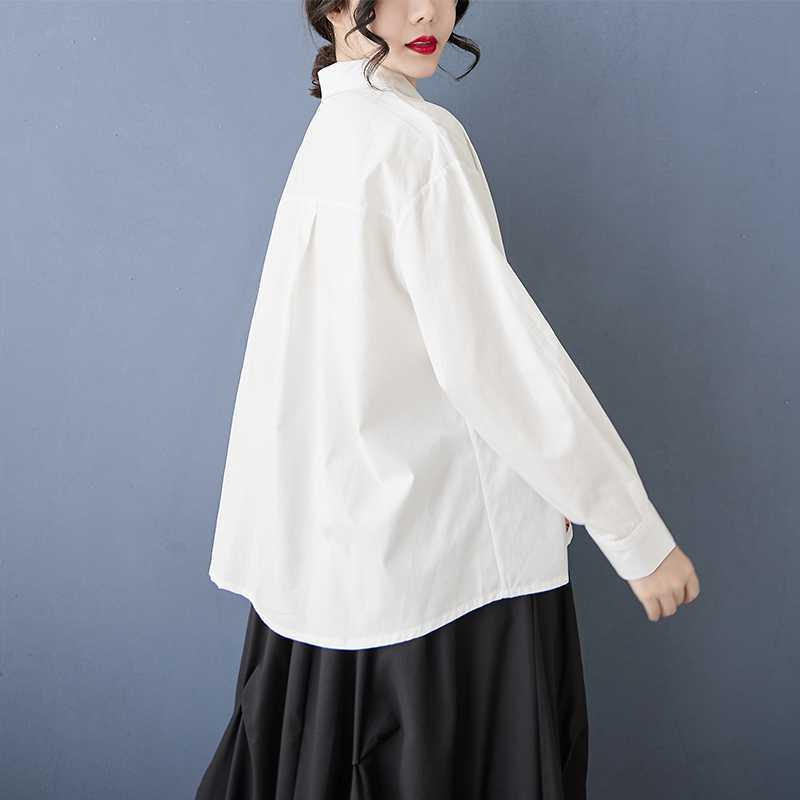 Spring and summer antique shirt long-sleeved design sense printed POLO collar loose commuting fashion fat MM women's clothing