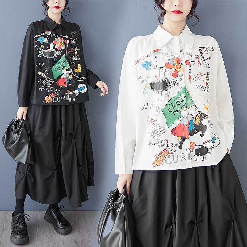 Spring and summer antique shirt long-sleeved design sense printed POLO collar loose commuting fashion fat MM women's clothing