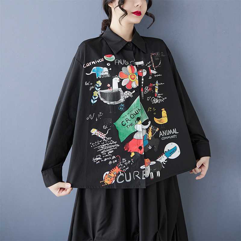 Spring and summer antique shirt long-sleeved design sense printed POLO collar loose commuting fashion fat MM women's clothing