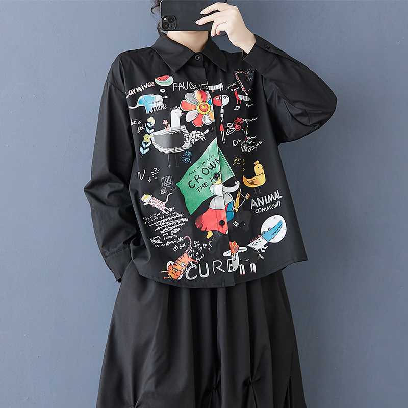 Spring and summer antique shirt long-sleeved design sense printed POLO collar loose commuting fashion fat MM women's clothing