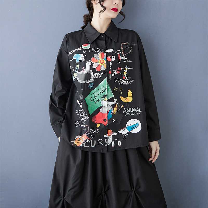 Spring and summer antique shirt long-sleeved design sense printed POLO collar loose commuting fashion fat MM women's clothing