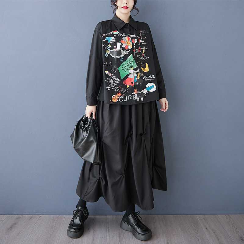 Spring and summer antique shirt long-sleeved design sense printed POLO collar loose commuting fashion fat MM women's clothing