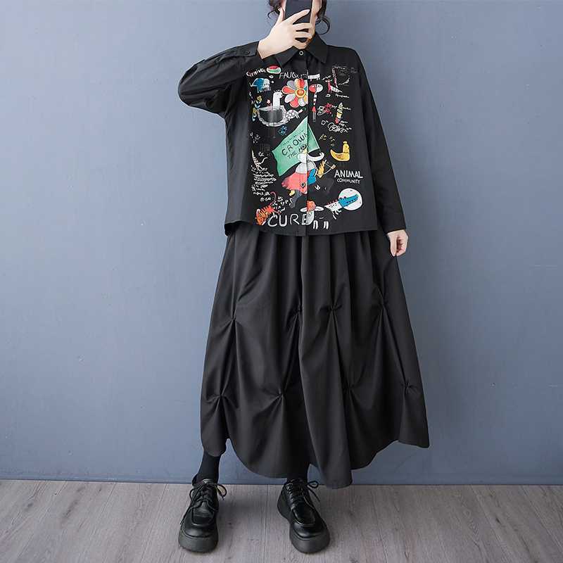 Spring and summer antique shirt long-sleeved design sense printed POLO collar loose commuting fashion fat MM women's clothing