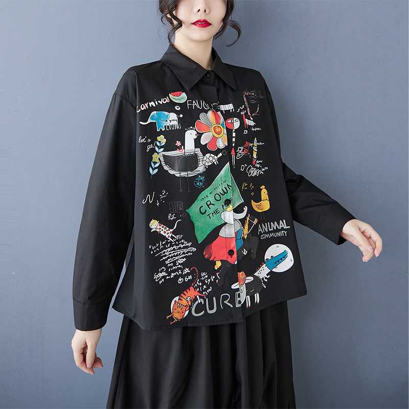 Spring and summer antique shirt long-sleeved design sense printed POLO collar loose commuting fashion fat MM women's clothing