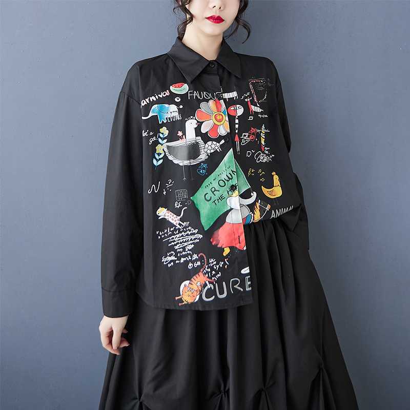 Spring and summer antique shirt long-sleeved design sense printed POLO collar loose commuting fashion fat MM women's clothing