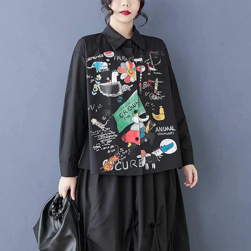 Spring and summer antique shirt long-sleeved design sense printed POLO collar loose commuting fashion fat MM women's clothing
