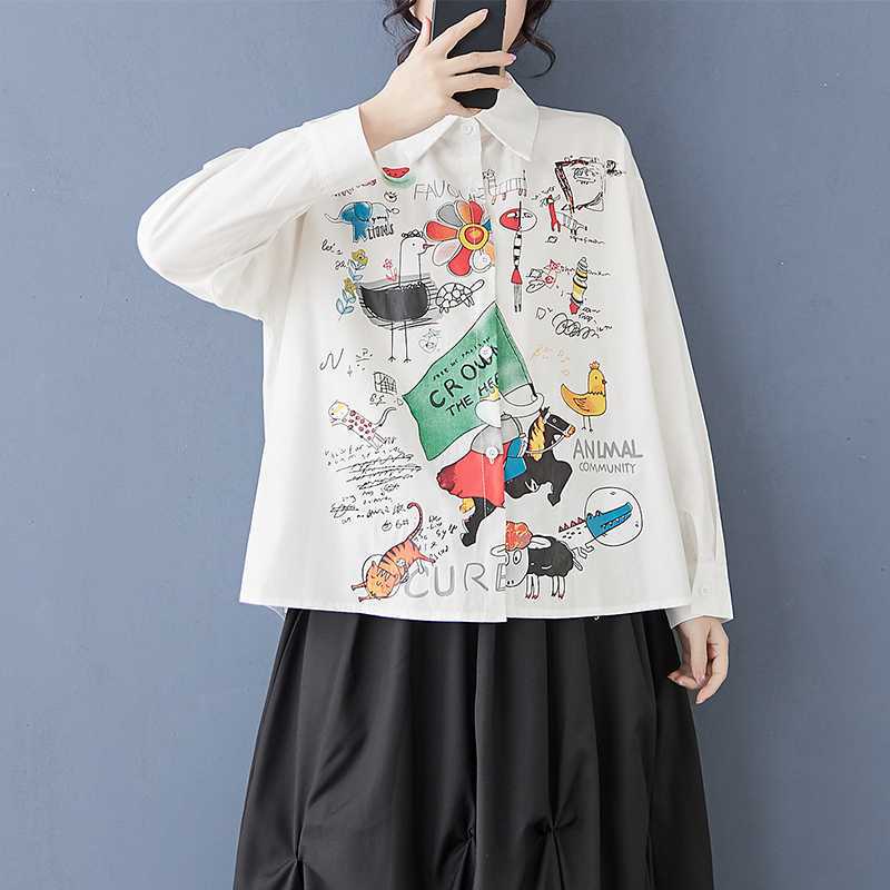Spring and summer antique shirt long-sleeved design sense printed POLO collar loose commuting fashion fat MM women's clothing