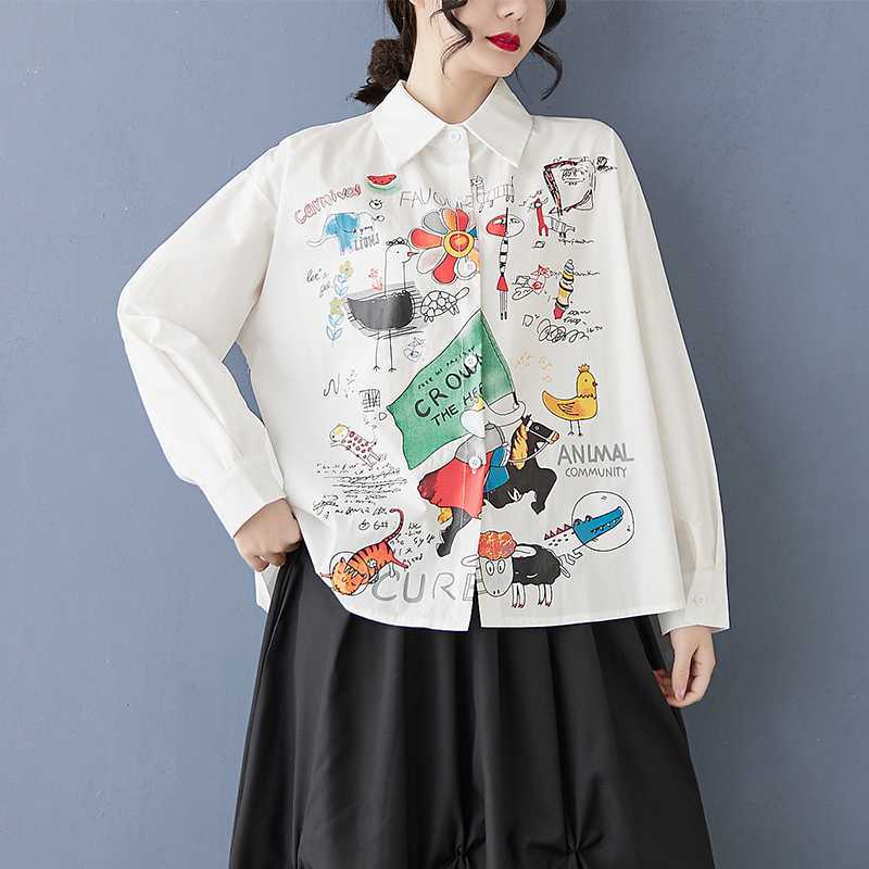 Spring and summer antique shirt long-sleeved design sense printed POLO collar loose commuting fashion fat MM women's clothing