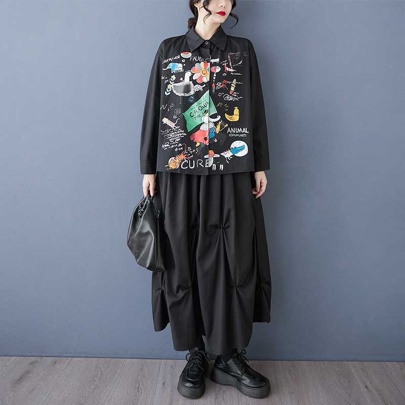 Spring and summer antique shirt long-sleeved design sense printed POLO collar loose commuting fashion fat MM women's clothing