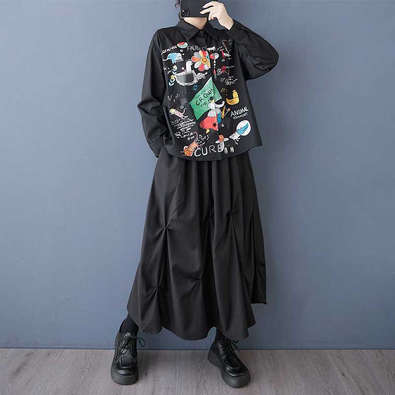 Spring and summer antique shirt long-sleeved design sense printed POLO collar loose commuting fashion fat MM women's clothing