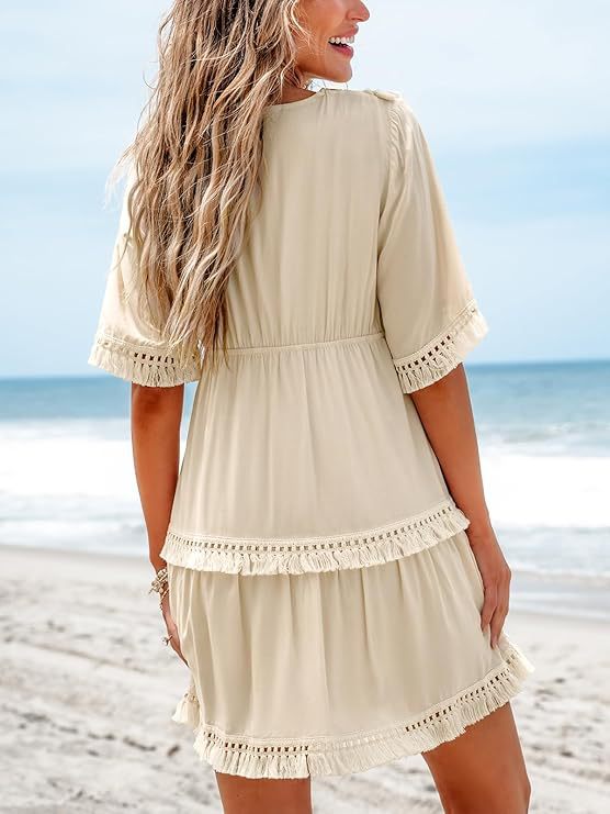 Summer new seaside vacation fringed lace dress European and American bikini blouse beach dress