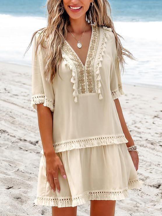 Summer new seaside vacation fringed lace dress European and American bikini blouse beach dress