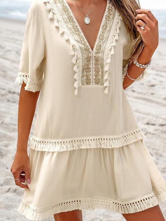 Summer new seaside vacation fringed lace dress European and American bikini blouse beach dress