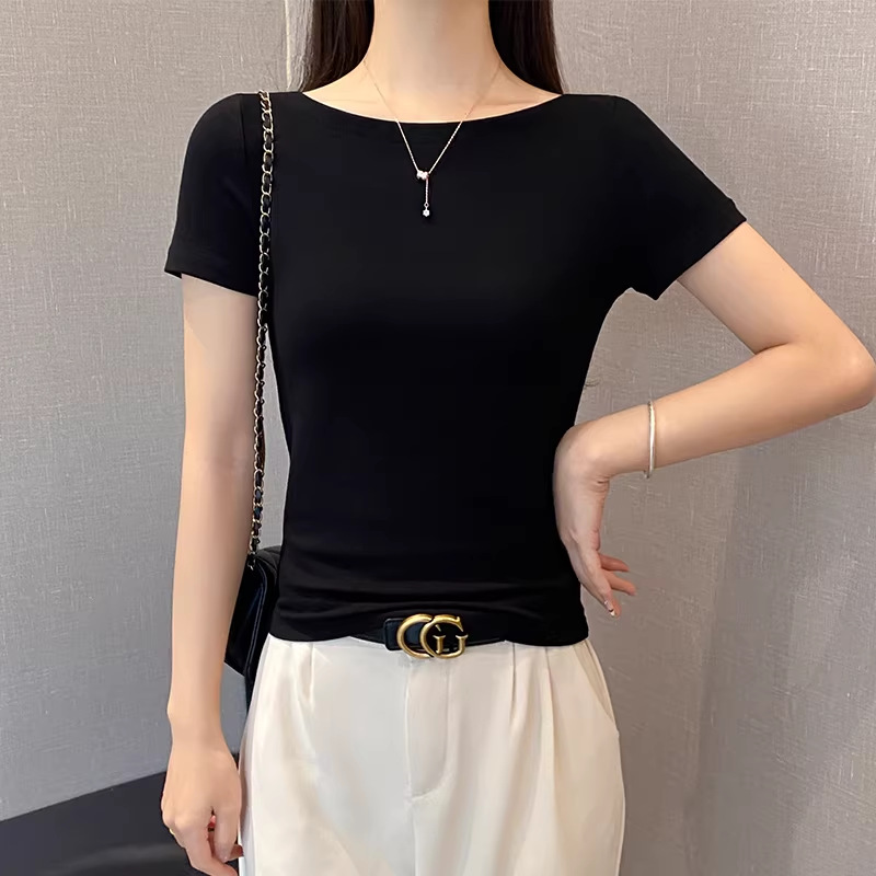 New one-word shoulder short-sleeved T-shirt women's spring and summer slim-fitting versatile bottoming shirt sexy off-the-shoulder top trendy