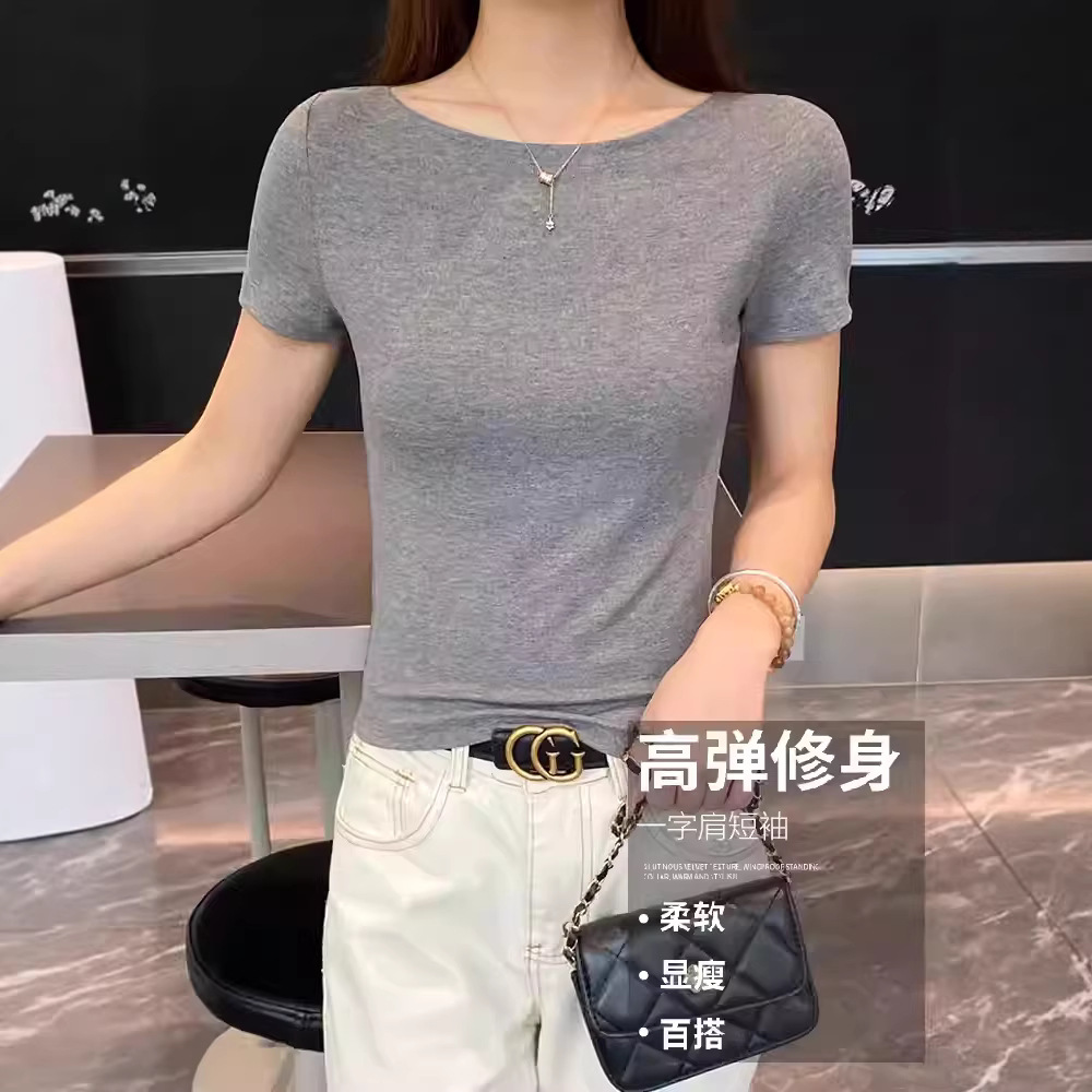 New one-word shoulder short-sleeved T-shirt women's spring and summer slim-fitting versatile bottoming shirt sexy off-the-shoulder top trendy