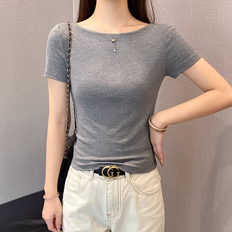 New one-word shoulder short-sleeved T-shirt women's spring and summer slim-fitting versatile bottoming shirt sexy off-the-shoulder top trendy