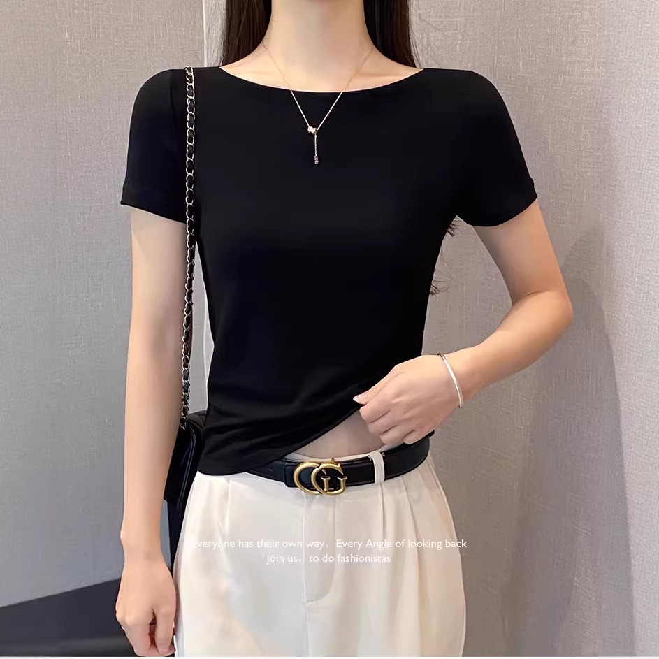 New one-word shoulder short-sleeved T-shirt women's spring and summer slim-fitting versatile bottoming shirt sexy off-the-shoulder top trendy