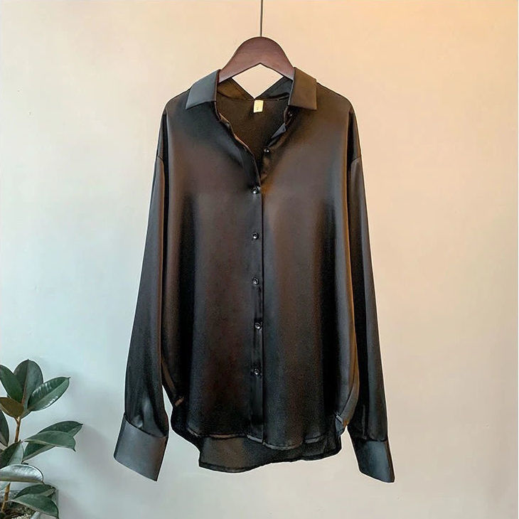 Satin Blouse For Women Draped Long Sleeve Round Neck Solid Color Vintage Daily Top