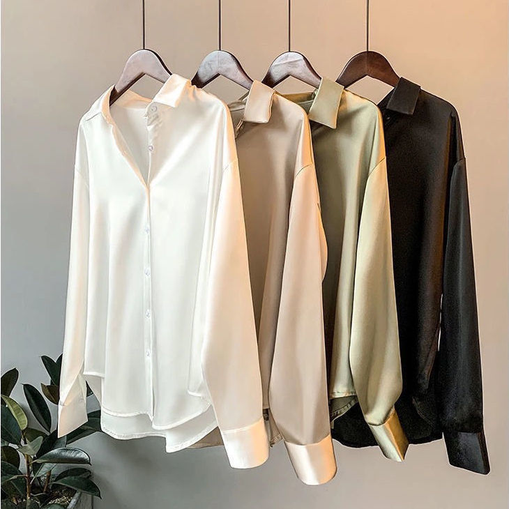 Satin Blouse For Women Draped Long Sleeve Round Neck Solid Color Vintage Daily Top