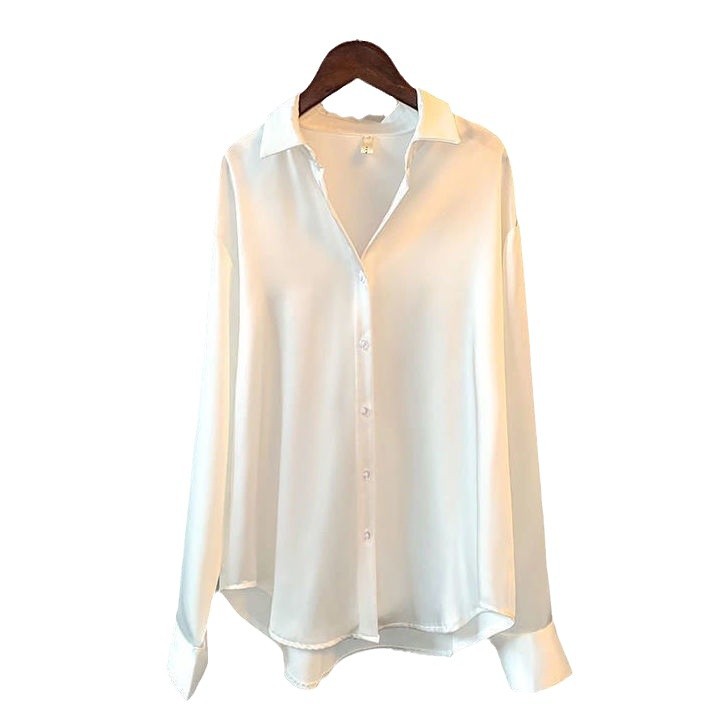 Satin Blouse For Women Draped Long Sleeve Round Neck Solid Color Vintage Daily Top