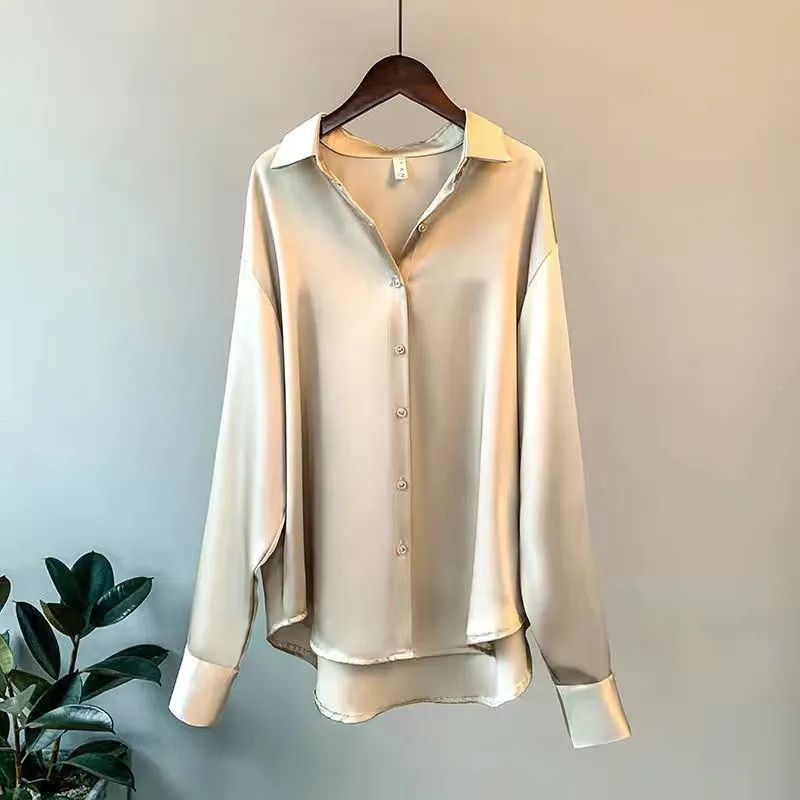 Satin Blouse For Women Draped Long Sleeve Round Neck Solid Color Vintage Daily Top