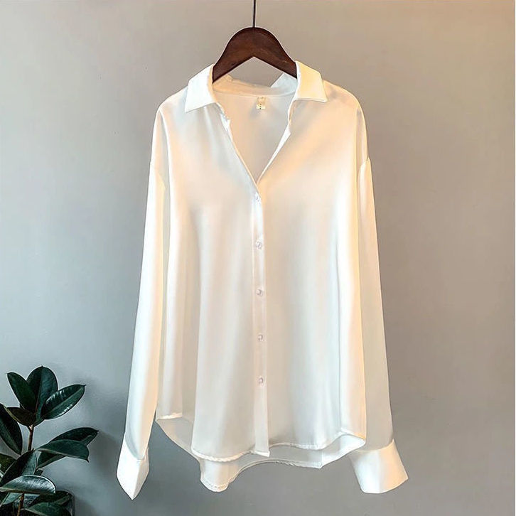 Satin Blouse For Women Draped Long Sleeve Round Neck Solid Color Vintage Daily Top