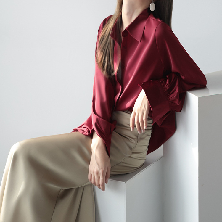 Satin Blouse For Women Draped Long Sleeve Round Neck Solid Color Vintage Daily Top