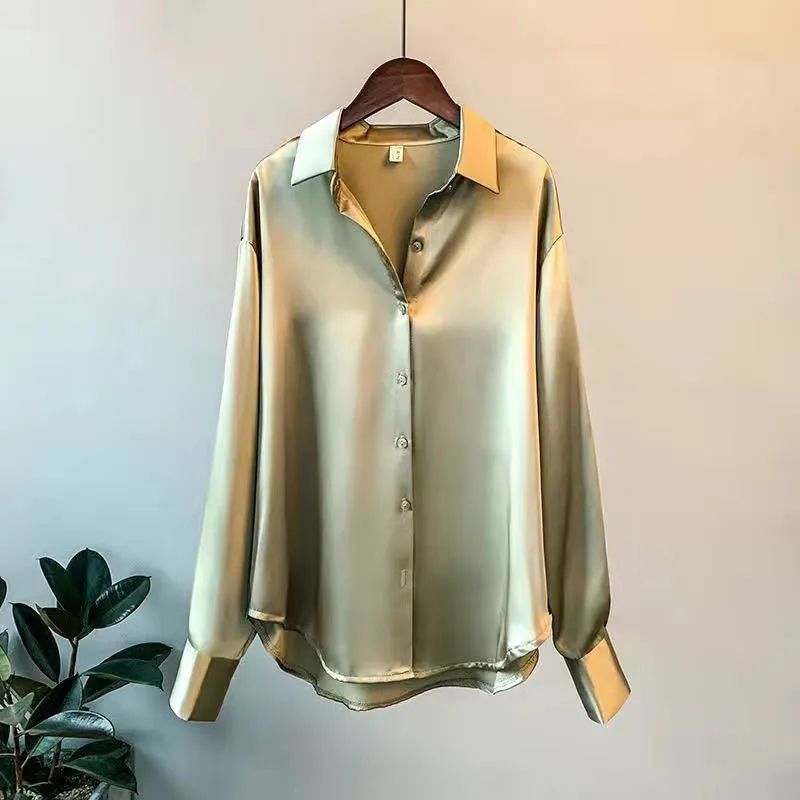 Satin Blouse For Women Draped Long Sleeve Round Neck Solid Color Vintage Daily Top