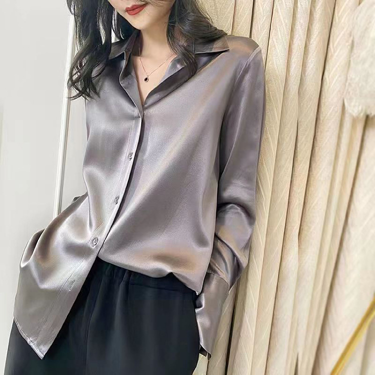 Satin Blouse For Women Draped Long Sleeve Round Neck Solid Color Vintage Daily Top