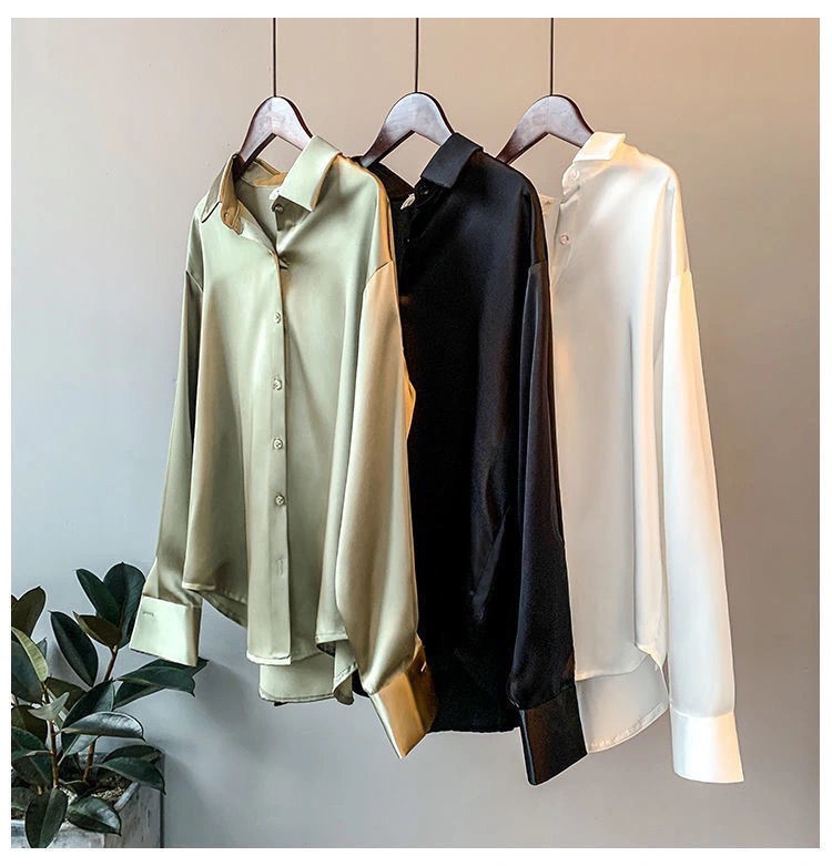 Satin Blouse For Women Draped Long Sleeve Round Neck Solid Color Vintage Daily Top