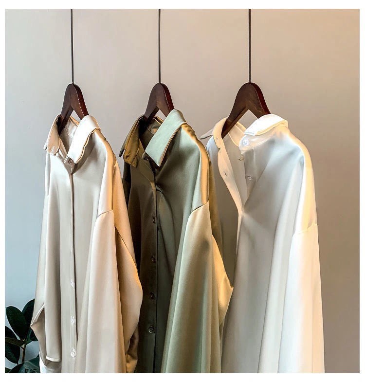 Satin Blouse For Women Draped Long Sleeve Round Neck Solid Color Vintage Daily Top