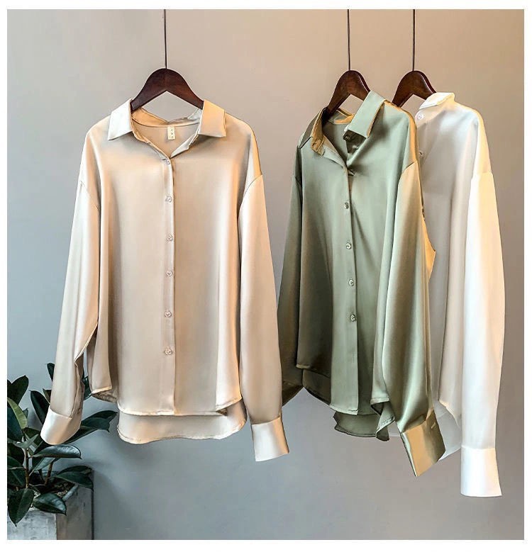Satin Blouse For Women Draped Long Sleeve Round Neck Solid Color Vintage Daily Top