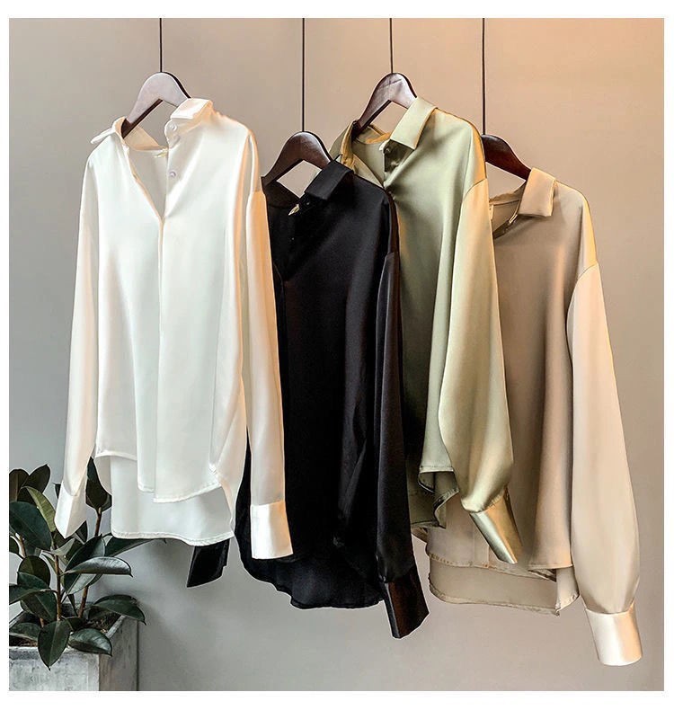 Satin Blouse For Women Draped Long Sleeve Round Neck Solid Color Vintage Daily Top