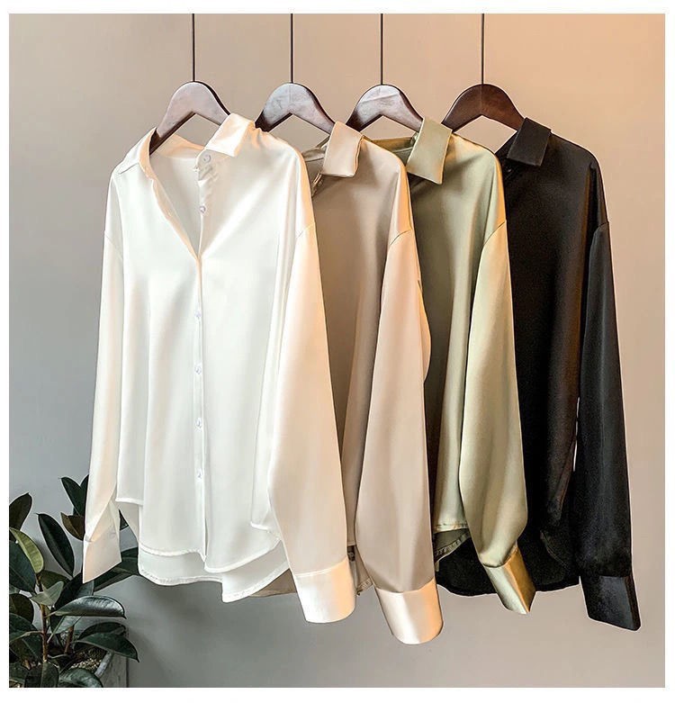 Satin Blouse For Women Draped Long Sleeve Round Neck Solid Color Vintage Daily Top