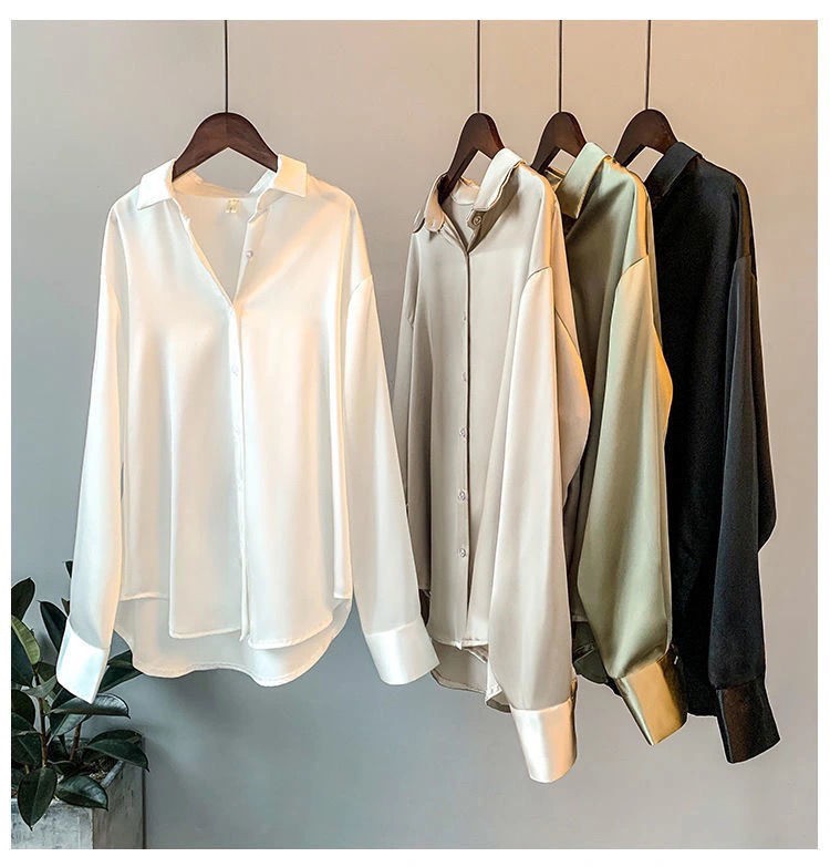 Satin Blouse For Women Draped Long Sleeve Round Neck Solid Color Vintage Daily Top