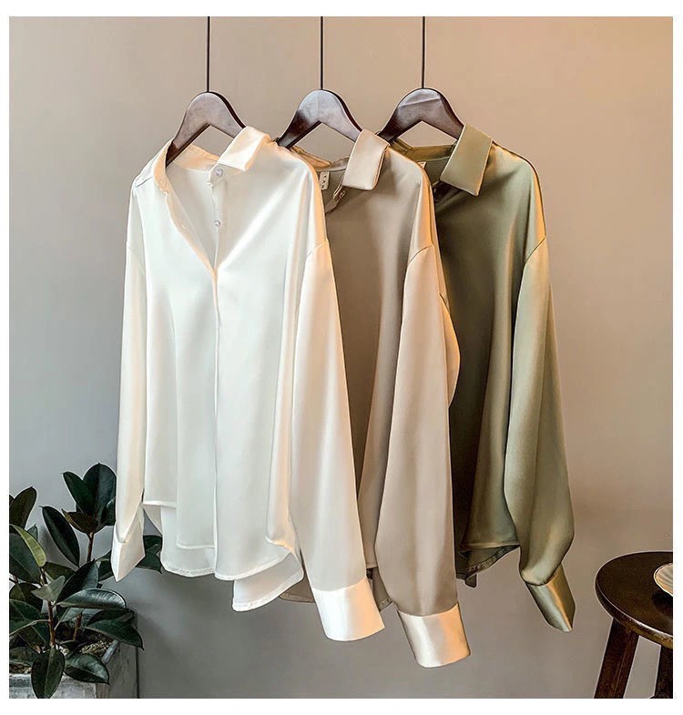Satin Blouse For Women Draped Long Sleeve Round Neck Solid Color Vintage Daily Top