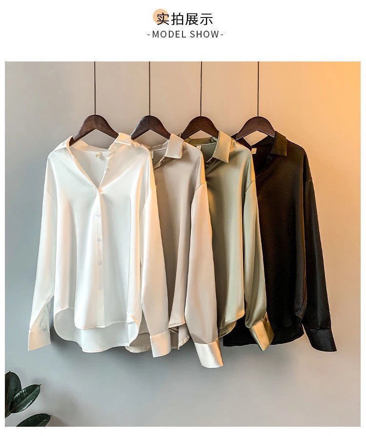 Satin Blouse For Women Draped Long Sleeve Round Neck Solid Color Vintage Daily Top