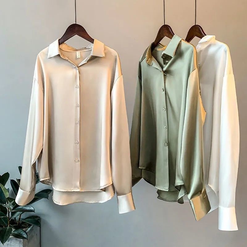 Satin Blouse For Women Draped Long Sleeve Round Neck Solid Color Vintage Daily Top