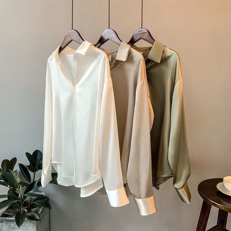 Satin Blouse For Women Draped Long Sleeve Round Neck Solid Color Vintage Daily Top