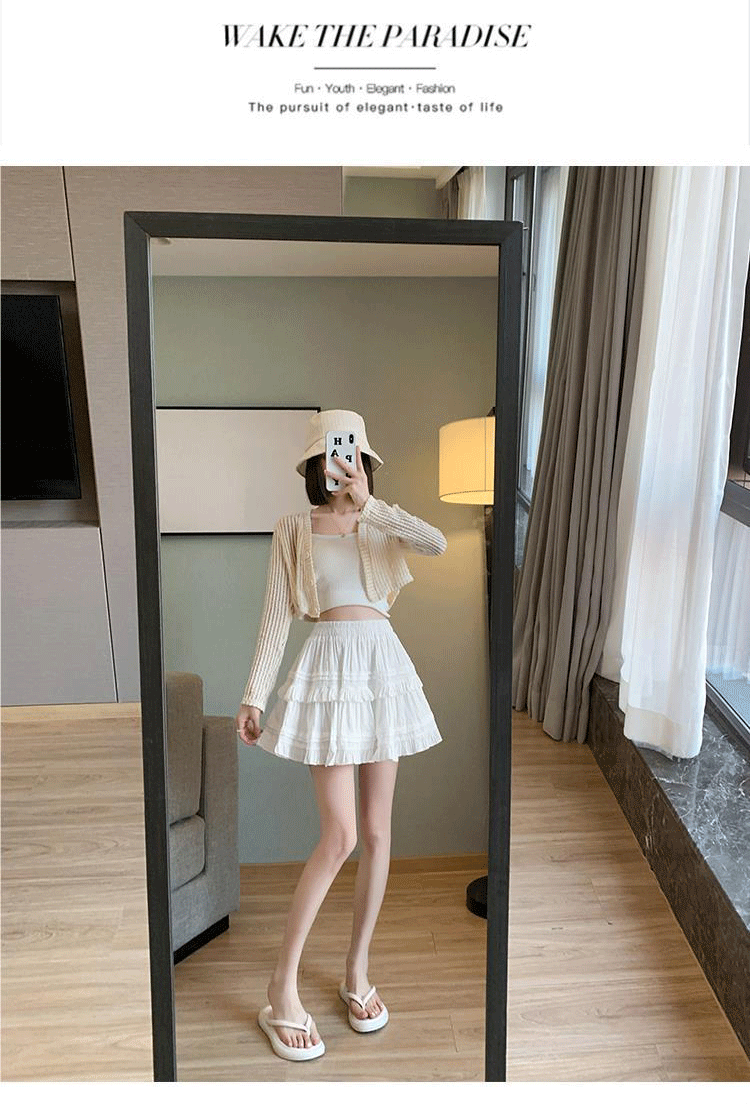 Women Lace Cake Skirt White Short Skirt Summer Polyester High Waist A-Line Mini Skirt