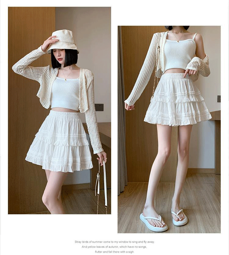 Women Lace Cake Skirt White Short Skirt Summer Polyester High Waist A-Line Mini Skirt